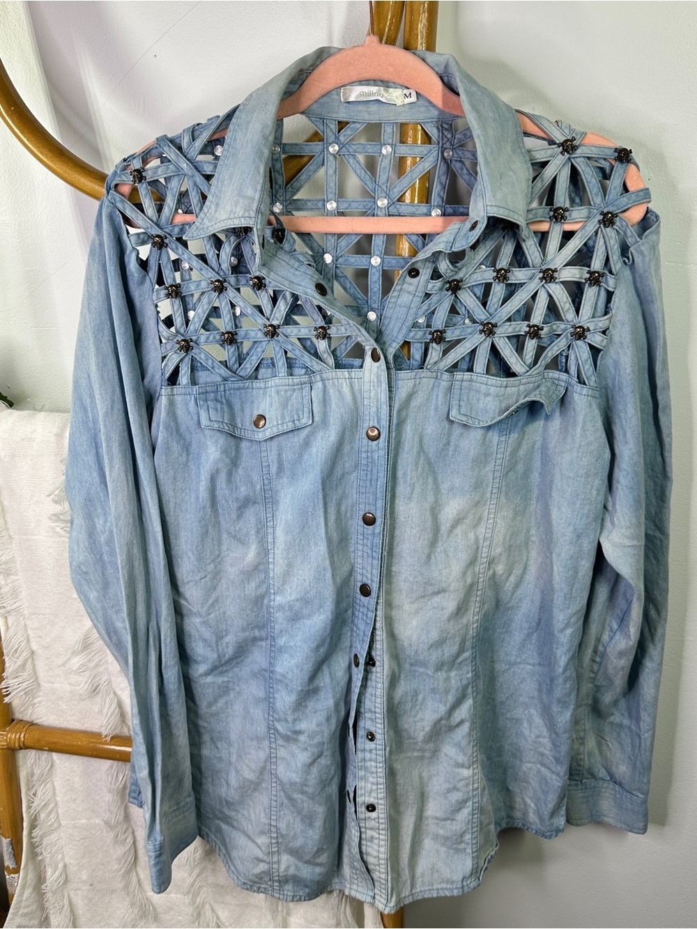 Millau Denim Chambray Skull Blouse sz M